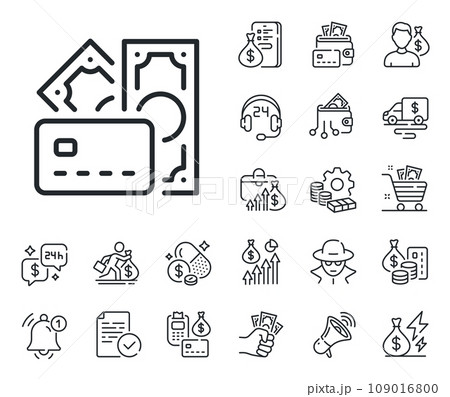Credit card sign. Cash money, loan and mortgage outline icons. Money line icon. Cash banknotes symbol. Money line sign. Credit card, crypto wallet icon. Inflation, job salary. Vector 109016800