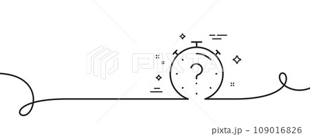 Quiz line icon. Continuous one line with curl. Timer with question mark. Faq time symbol. Quiz single outline ribbon. Loop curve pattern. Vector 109016826