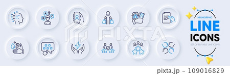 Ranking star, User call and Safe energy line icons for web app. Pack of Business meeting, Wash hands, Hold document pictogram icons. Quiz test, Artificial intelligence, Security agency signs. Vector 109016829