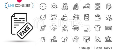 Pack of Fireworks, Journey and Laundry line icons. Include Parking garage, Fake news, Clock pictogram icons. Social care, Wallet, Grill signs. Charging time, Shopping, Deflation. Vector 109016854