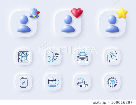 Car, Airplane and Parcel tracking line icons. Placeholder with 3d bell, star, heart. Pack of Metro map, Handbag size, Delivery notification icon. Gas cylinder, Map pictogram. Vector Car, Airplane and Parcel tracking line icons. Placeholder with 3d bell, star, heart. Pack of Metro map, Handbag size, Delivery notification icon. Gas cylinder, Map pictogram. Vector 109016897