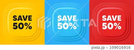 Save 50 percent off tag. Neumorphic offer banners. Sale Discount offer price sign. Special offer symbol. Discount podium background. Product infographics. Vector 109016916