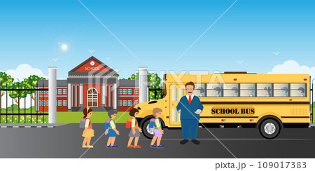 Little kids boys and girls ride yellow school bus and go to school.vector Illustration. 109017383
