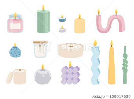 Trendy cozy aroma candles set in pastel colors. Vector illustration in flat cartoon style. Home decor. Vector illustration Trendy cozy aroma candles set in pastel colors. Vector illustration in flat cartoon style. Home decor. Vector illustration 109017680
