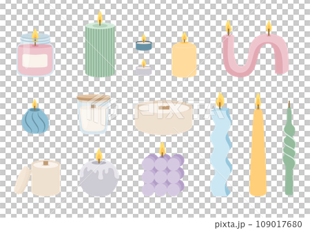 Trendy cozy aroma candles set in pastel colors. Vector illustration in flat cartoon style. Home decor. Vector illustration Trendy cozy aroma candles set in pastel colors. Vector illustration in flat cartoon style. Home decor. Vector illustration 109017680