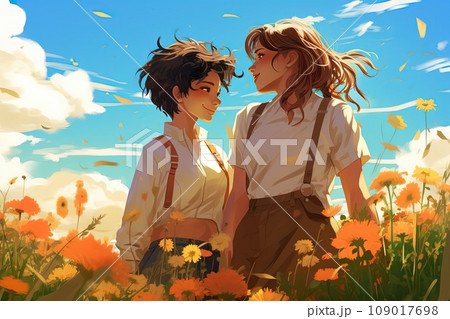 gentle breeze whispers through a field of wildflowers, representing the diversity of gender identities and expressions within the LGBTQ+ community, cartoon anime style 109017698