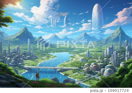 Environment: illustration of futuristic harmonious coexistence of humanity and nature in a world where technology restores balance Environment: illustration of futuristic harmonious coexistence of humanity and nature in a world where technology restores balance 109017729