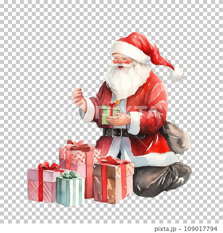 Watercolor Funny Santa Claus sitting and puts gifts box Watercolor Funny Santa Claus sitting and puts gifts box 109017794