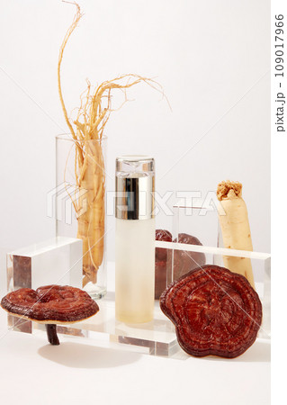 A cosmetic bottle without label placed on transparent podiums with ginseng roots and lingzhi mushrooms on white background. Advertising photo. Concept of cosmetics made from rare herbs A cosmetic bottle without label placed on transparent podiums with ginseng roots and lingzhi mushrooms on white background. Advertising photo. Concept of cosmetics made from rare herbs 109017966
