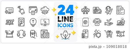 Icons set of Internet, Contactless payment and Cursor line icons pack for app with Health app, Paper plane, Seo thin outline icon. Augmented reality, File management. Design with 3d stars. Vector 109018018