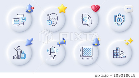 Food app, Inventory and Face declined line icons. Buttons with 3d bell, chat speech, cursor. Pack of Microphone, Airport transfer, Square meter icon. Shield, Chat app pictogram. Vector 109018019