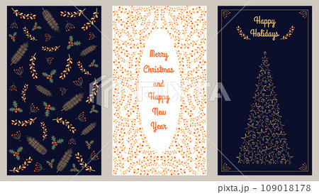 Corporate holiday cards with congratulations and wishes. Universal template. Christmas and New Year. Vector illustration. 109018178