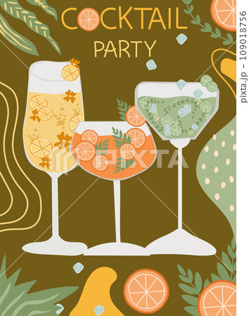 Vector set of assorted cocktails in flat design. Collection includes classic drinks in diverse glasses suitable for menus. Features both non-alcoholic and alcoholic beverages, for holiday celebration. 109018756