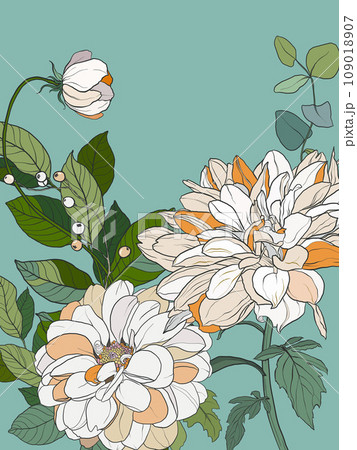 Vector floral interior poster of white and beige chrysanthemums. Hand painted floral illustration isolated on blue background. Card of holidays bouquet for design, print, fabric or background. 109018907