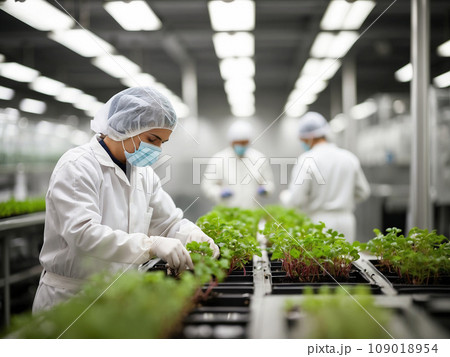 Farm workers checking microgreen sprouts on the shelves of a vertical farm, eco-products growing greens, healthy eating 109018954