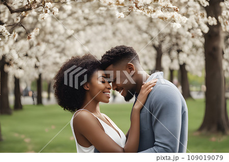 Close-up portrait of a happy man and woman of different nationalities in a park in spring. Multiracial romantic youth concept. Close-up portrait of a happy man and woman of different nationalities in a park in spring. Multiracial romantic youth concept. 109019079