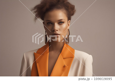 fashion model in orange clothes, beautiful young woman. Studio shot fashion model in orange clothes, beautiful young woman. Studio shot 109019095