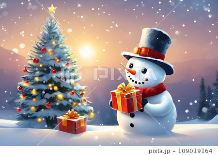 Winter Christmas background. Snowman under the Christmas tree with gifts in a snowy forest. New Year's Christmas holiday. Cartoon illustration of christmas. 109019164