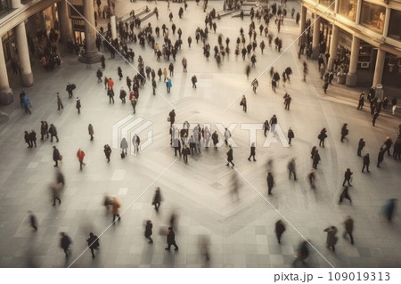 Blurry motion of diverse crowd walking in busy urban plaza. Generative AI 109019313