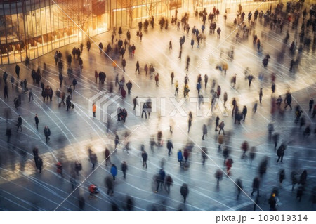 Blurry motion of diverse crowd walking in busy urban plaza. Generative AI 109019314