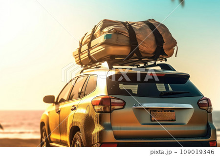 SUV with rooftop cargo carrier parked on the beach at sunset. Generative AI SUV with rooftop cargo carrier parked on the beach at sunset. Generative AI 109019346