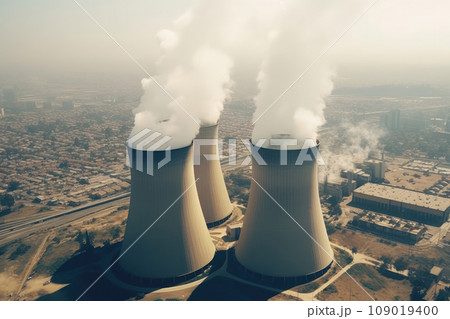 Industrial Cooling Towers Emission on Foggy Day. Generative AI 109019400