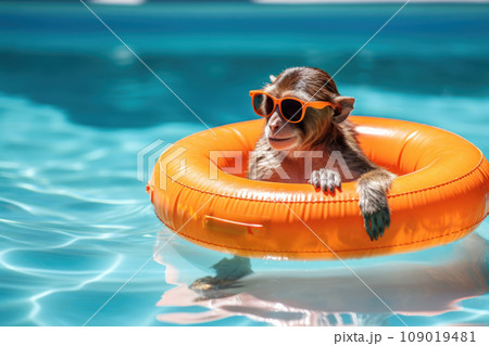 Relaxed Monkey Enjoying Pool Time with Sunglasses. Generative AI 109019481