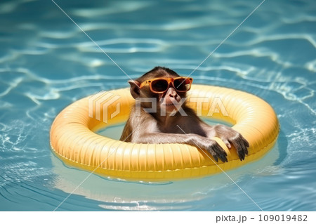 Relaxed Monkey Enjoying Pool Time with Sunglasses. Generative AI 109019482
