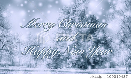Merry Christmas and Happy New Year words letters design celebration. Winter falling snow and snowflakes in forest trees. Text background backdrop. Merry Christmas and Happy New Year words letters design celebration. Winter falling snow and snowflakes in forest trees. Text background backdrop. 109019487