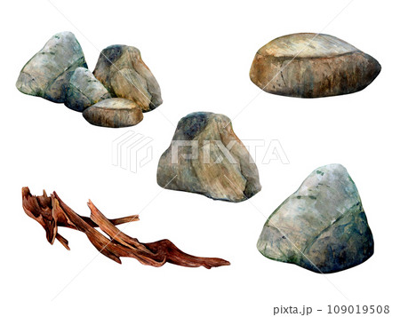 Stones smooth and log set from seascape. Watercolor drawing of river brown rocks and snag on white background. Pebble for fishtank, aquarium or spa. Aquatic saltwater textured painting hand drawn 109019508