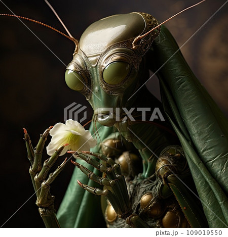 Giant humanized praying mantis portrait dressed in khaky gown holding flower. Parallel worlds. Aliens. AI generated art. Concept of univers, life, extraterrstrials 109019550