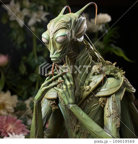 Giant humanized praying mantis. Parallel worlds. Aliens. AI generated art. Concept of univers, life, extraterrstrials 109019569