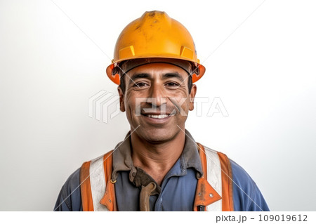 Middle-aged construction worker in yellow helmet smiling. Generative AI 109019612