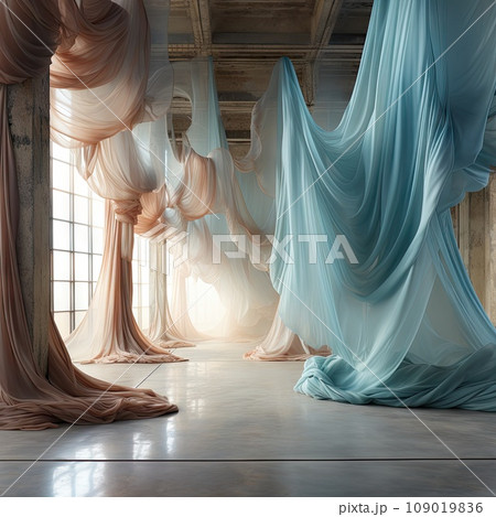 Room, hall of ancient castle, mansion with colorful, transparent curtains, fabric hanging on walls. Ai generated art. 109019836
