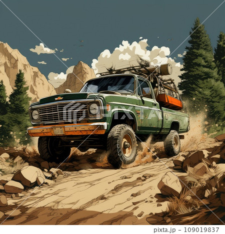 Green colored pickup, truck with logs riding on off-road. Old style car. Ai generated art. 109019837