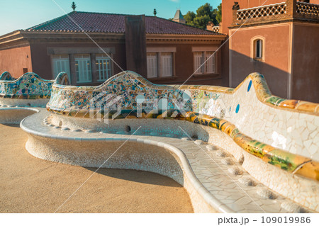 View of Barcelona from the park at sunrise. Park Guell 109019986