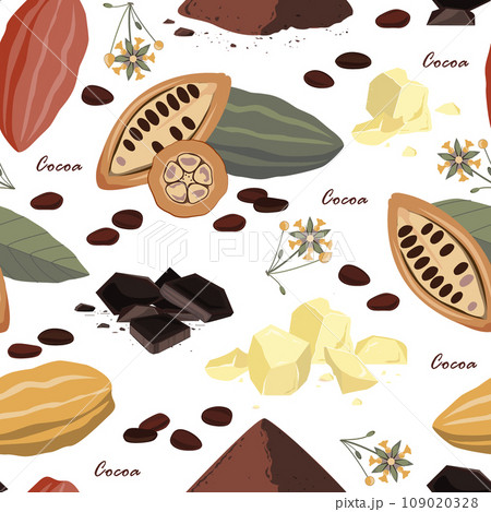 Cocoa beans, flowers, butter, and grated cacao seamless pattern. Hand drawn organic cacao fruits and seeds. Superfood cacao vector background Cocoa beans, flowers, butter, and grated cacao seamless pattern. Hand drawn organic cacao fruits and seeds. Superfood cacao vector background 109020328