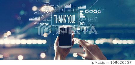Thank you message with person using smartphone Thank you message with person using smartphone 109020557