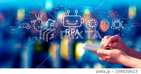 Robotic Process Automation theme with person using a smartphone at night 109020623