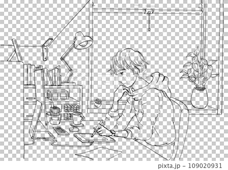 插畫家在電腦上繪圖的插圖（線圖） 109020931