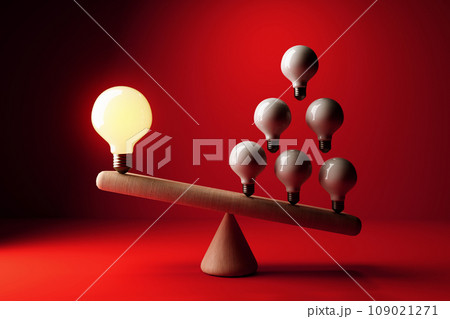 Many ideas versus one big idea with light bulbs - 3D Many ideas versus one big idea with light bulbs - 3D 109021271
