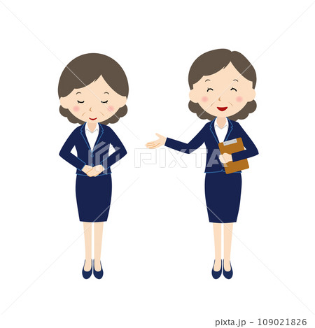 お辞儀をするベテラン女性社員と笑顔で案内する女性 109021826