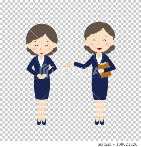 お辞儀をするベテラン女性社員と笑顔で案内する女性 109021826