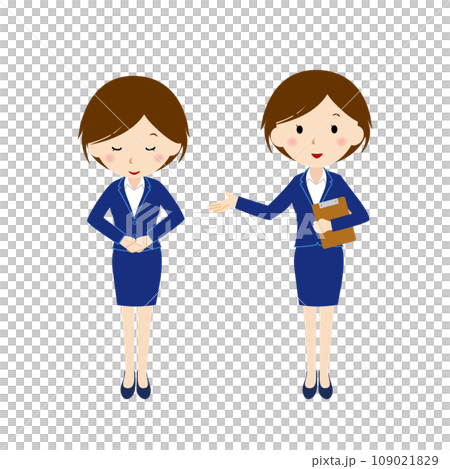 お辞儀をするフレッシュな女性職員と案内係の女性 お辞儀をするフレッシュな女性職員と案内係の女性 109021829
