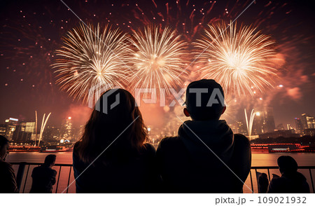 Lovers couple silhouette back view watching, enjoy fireworks, salute at festive night show on dark city sky, at riverside near river Lovers couple silhouette back view watching, enjoy fireworks, salute at festive night show on dark city sky, at riverside near river 109021932
