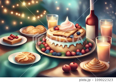 Christmas cake with berries and fruits on the table. Vector illustration. Generative AI Christmas cake with berries and fruits on the table. Vector illustration. Generative AI 109022323