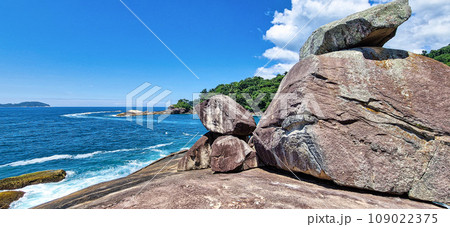 Beach Caxadaco with stones and transparent sea at island Ilha Grande, Rio de Janeiro, Brazil 109022375