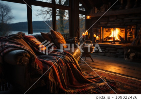 A cozy cabin interior with a roaring fireplace, soft blankets, and a hot cup of tea 109022426