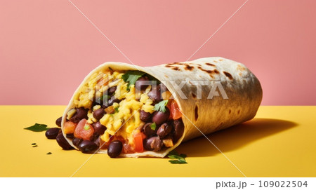 A breakfast burrito filled with scrambled eggs, black beans, cheese, and salsa 109022504