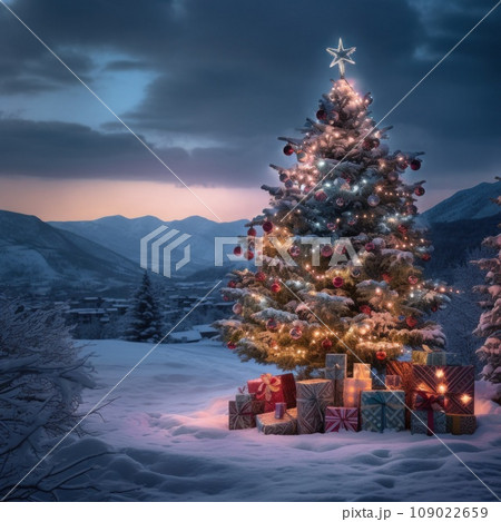 A beautiful Christmas tree with colorful lights and ornaments A beautiful Christmas tree with colorful lights and ornaments 109022659